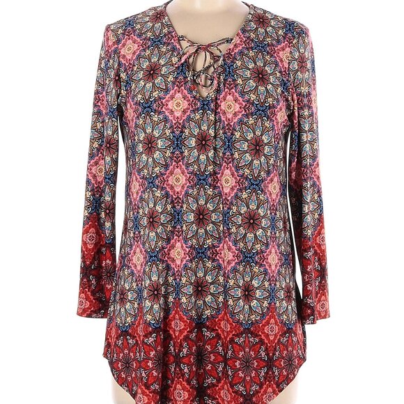 db Established Red Bohemian Tunic 3/4 Sleeve Blouse Size Medium - Picture 1 of 7